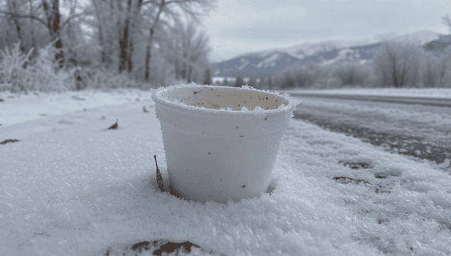 컵이 있는 눈 덮인 도로변