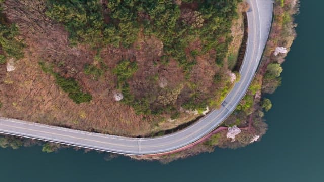 고요한 호수 옆 구불구불한 도로