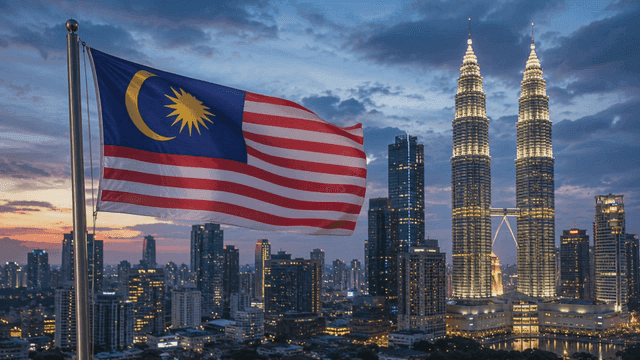 Malaysian flag waving over Kuala Lumpur skyline