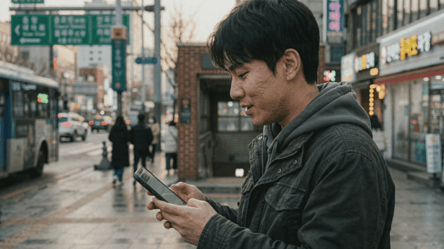Man checking phone on a busy city street