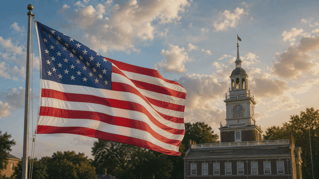 American flag waving near historic building