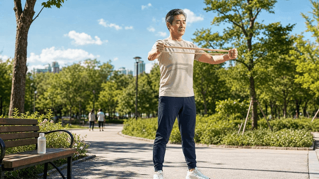 Elderly man exercising with a resistance band in a park
