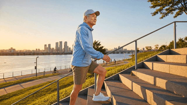 Elderly man walking up steps by the river