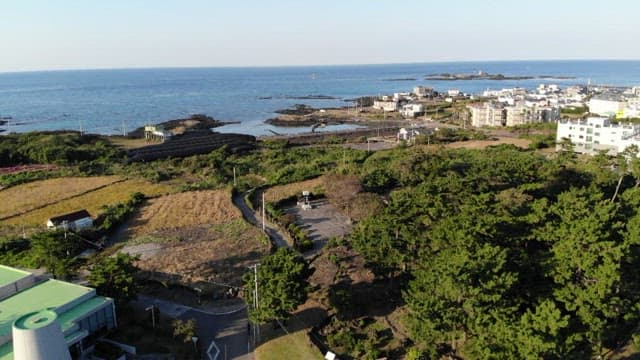 바닷가 근처의 푸른 초목이 있는 해안 마을