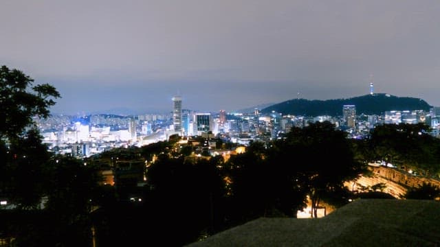 Night view of a city skyline with lights