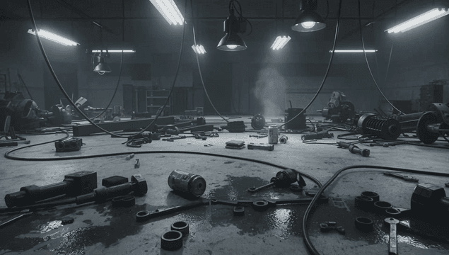 A cluttered workshop with tools and parts
