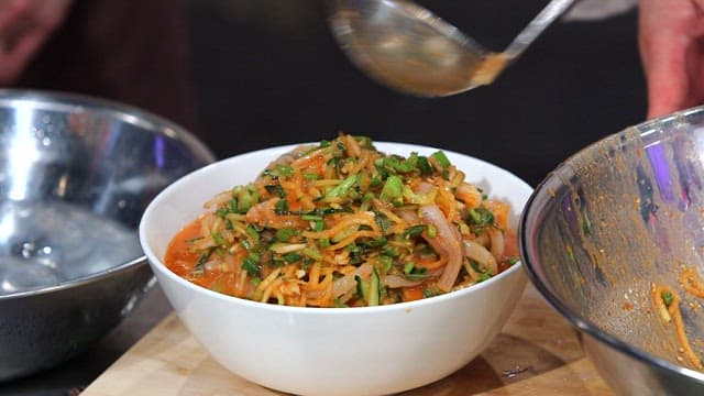 Fresh cold raw fish soup with sesame