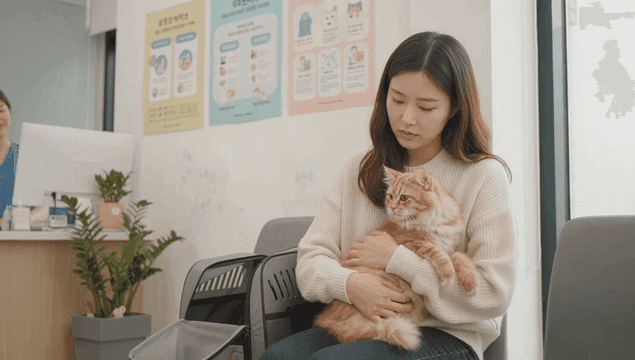 동물병원 대기실에서 고양이를 안고 있는 여성