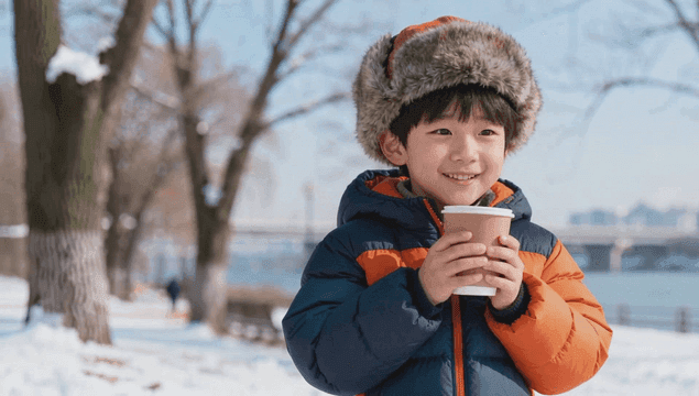 겨울에 따뜻한 음료를 즐기는 아이
