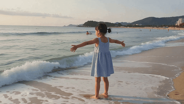 해변에서 파도를 즐기는 여자아이