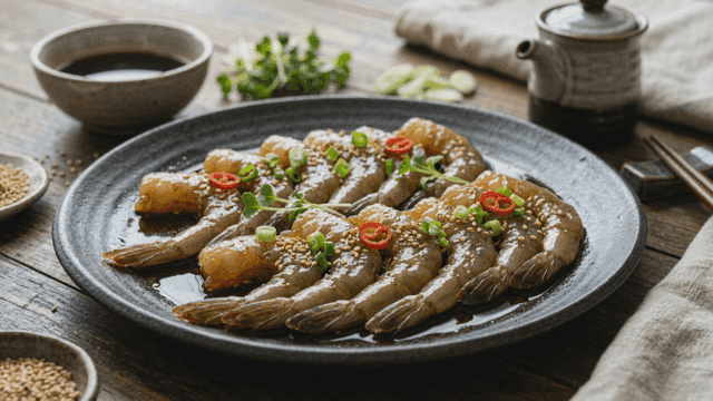 Plate containing marinated shrimp in soy sauce