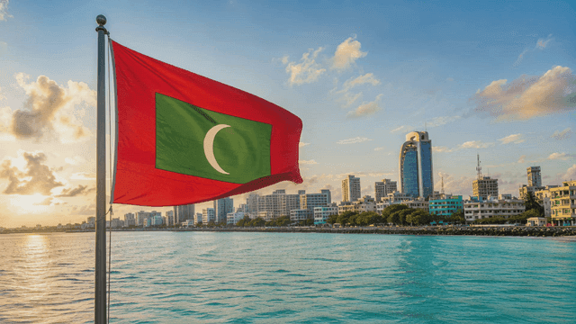 Maldivian flag next to city view