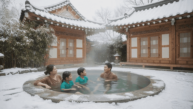 겨울 온천을 즐기는 가족