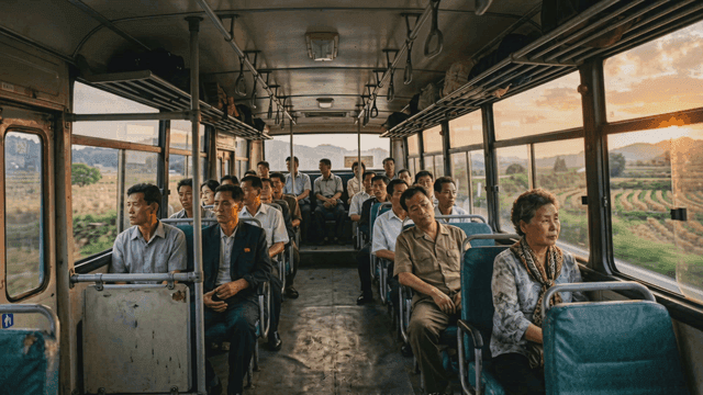 People riding country bus at sunset