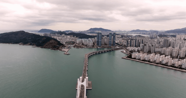 Sprawling cityscape with a bridge over sea