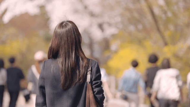 꽃 구경을 하며 공원을 산책하는 여성의 뒷모습
