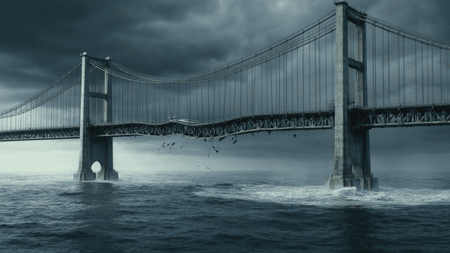 Collapsing bridge over turbulent sea