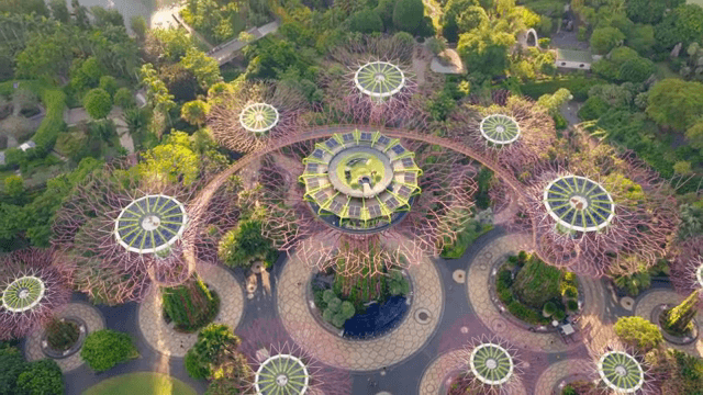 거대한 구조물이 있는 미래형 정원