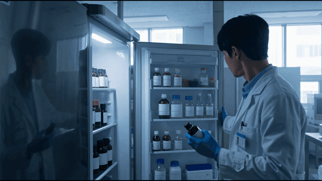 Scientist taking solution out of refrigerator