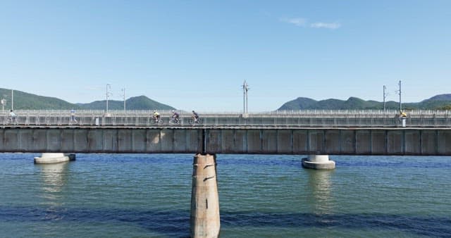 Cyclists crossing a bridge over a river