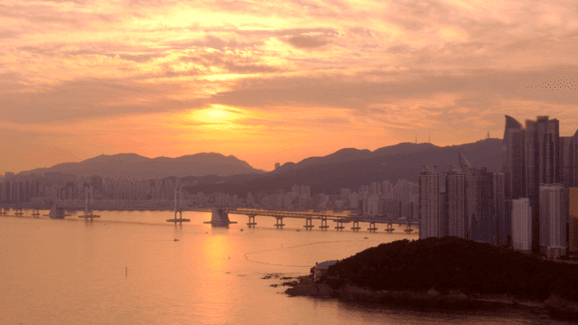 Sunset over a city skyline and bridge