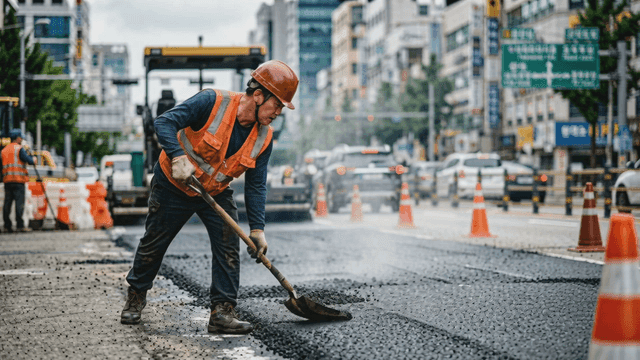 Road construction worker paving asphalt