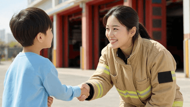 Firefighter shaking hands with a child