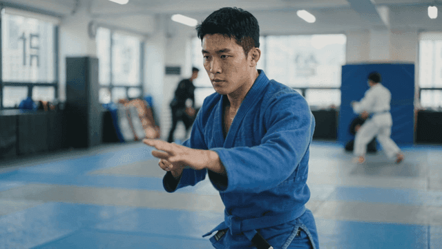 Man practicing judo at gym.
