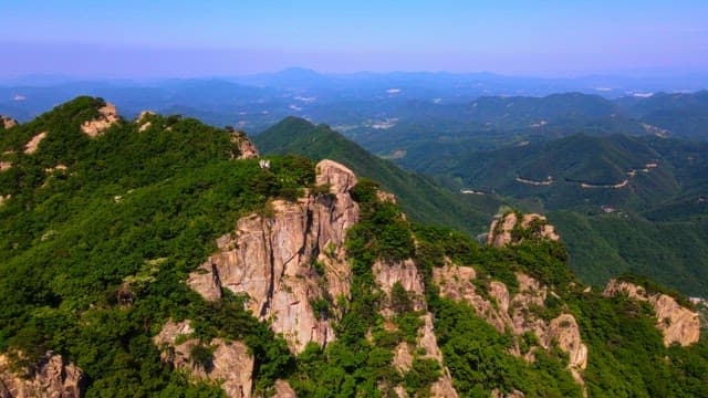 Magnificent rocky mountain covered with lush green trees