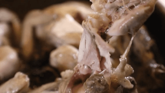 잘 삶은 닭고기 찢기