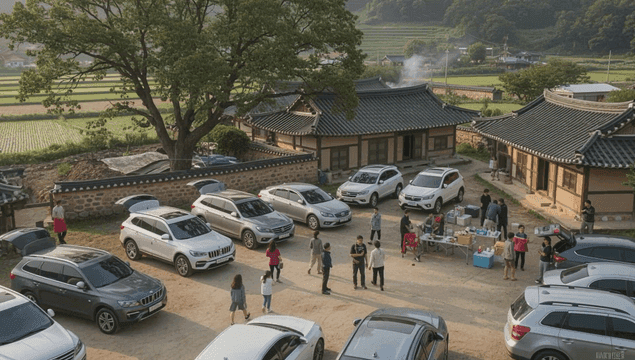 Traditional Korean house with parked cars