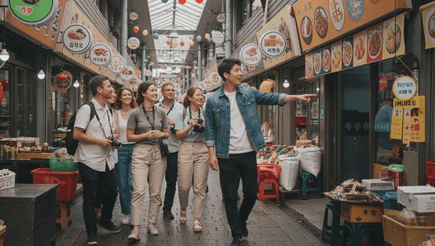 활기찬 전통 시장 거리를 관광객들에게 안내하는 젊은 남성