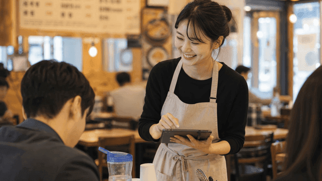 아늑한 식당에서 주문을 받는 친절한 종업원