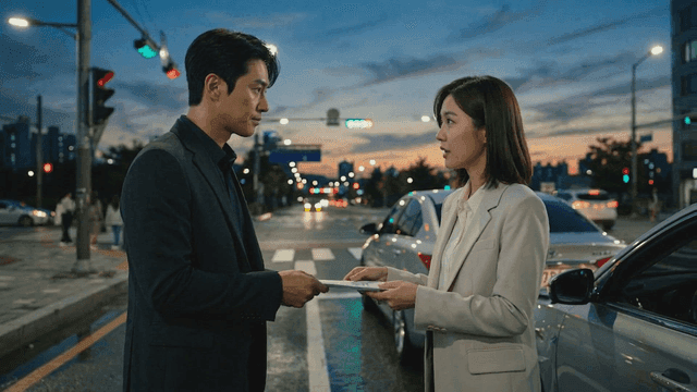 Two people exchanging documents on road