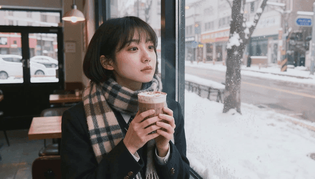 눈 오는 카페 창가에서 뜨거운 음료를 즐기는 젊은 여성