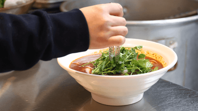 Bowl of hand-cut noodles topped with cilantro