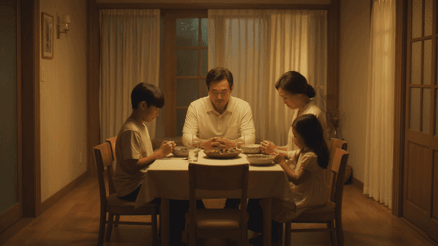 Family praying before dinner at home