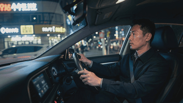 Man driving in city at night