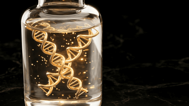 Golden DNA helix in a glass bottle