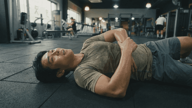 Man resting on gym floor after workout