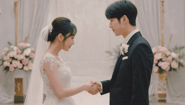 결혼식에서 웃음지으며 손을 마주잡은 젊은 부부