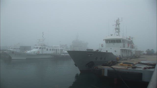 Ships Docked in a Foggy Harbor