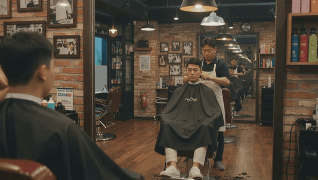 Man getting his hair cut by barber in cozy beauty salon
