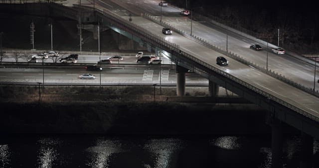 Nighttime Traffic on Illuminated Highway Bridges