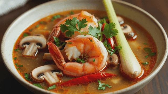 Bowl of spicy shrimp Tom Yum soup with mushrooms