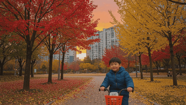 Boy riding a bicycle in an autumn park