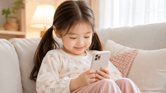 Girl's smile while using smartphone