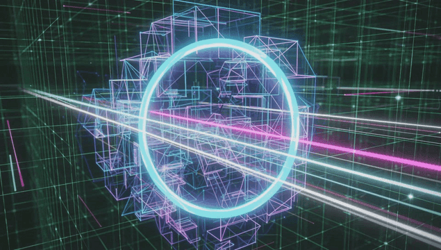 Digital grid with neon geometric shapes