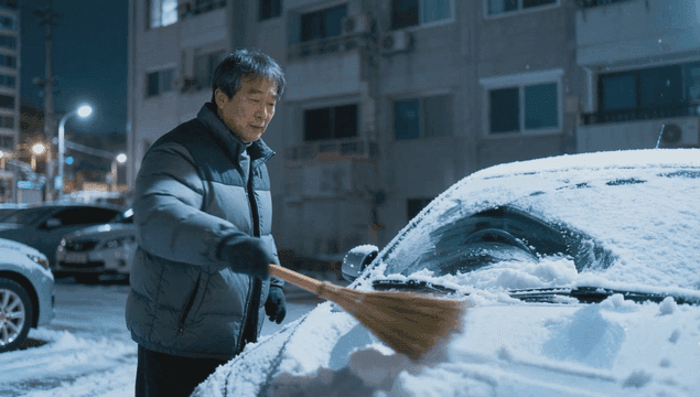 Man clearing snow from his car with broom at night