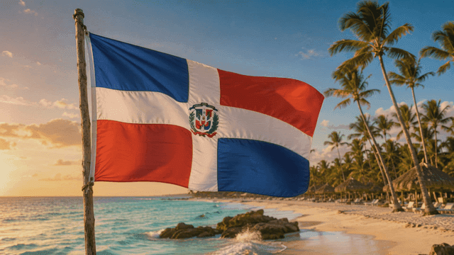 Dominican Republic flag fluttering on tropical beach